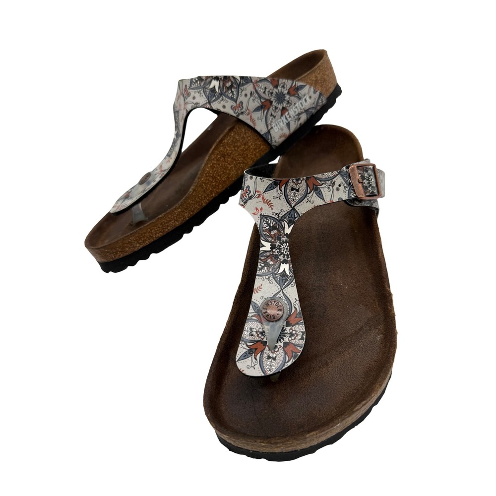 Birkenstock Brown Footbed Sandals with Cream, Black & Rust Patterned Straps - Picture 7 of 8